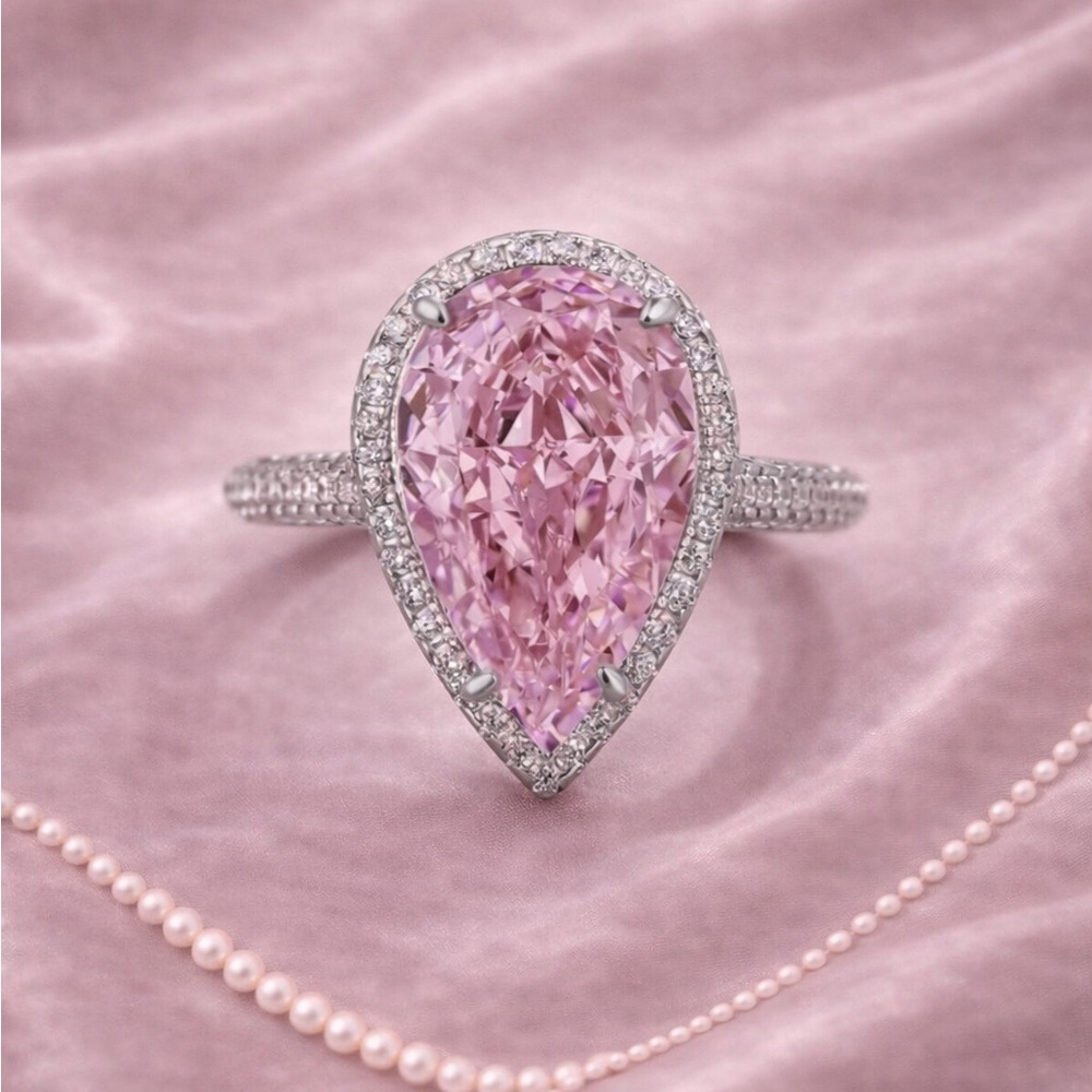 Rosé Elegance Halo Diamond Silver Ring - Picture 1 of 5